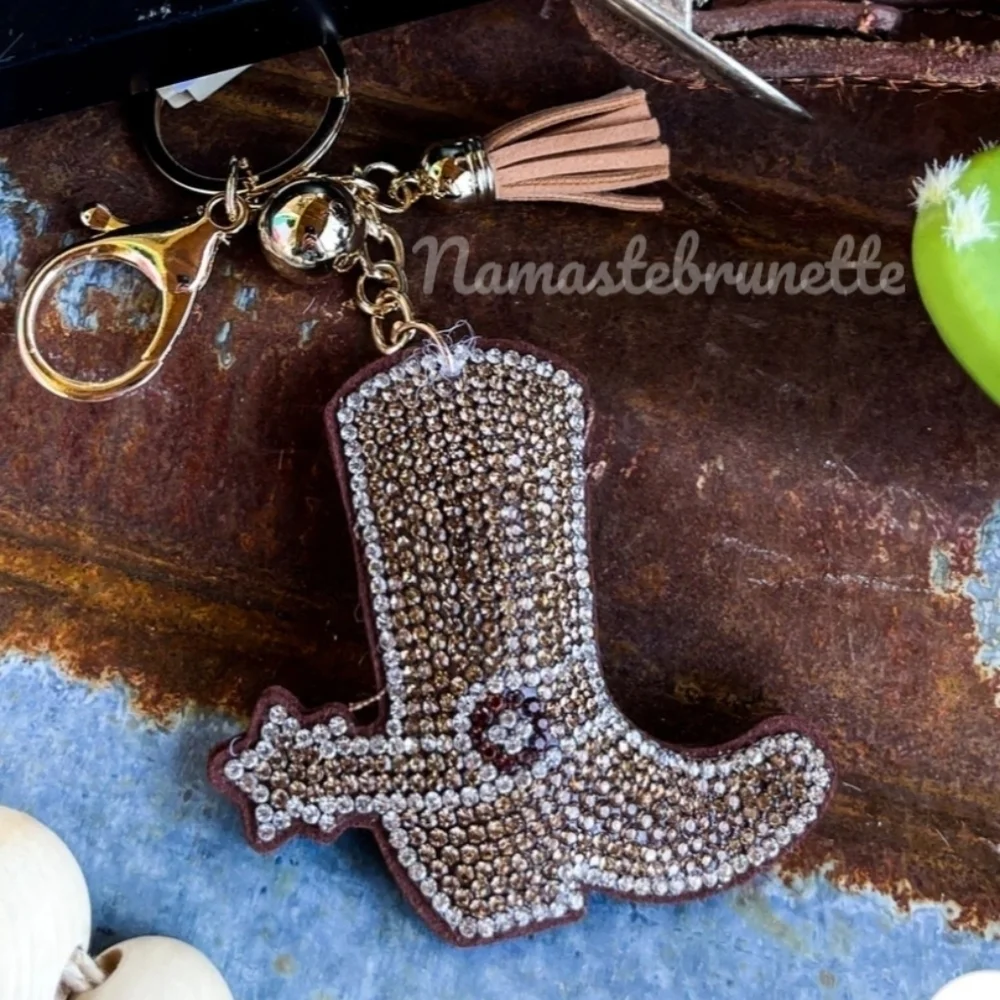 Western Boot Crystal Rhinestone Keychain Bag Charm With Tan Tassel